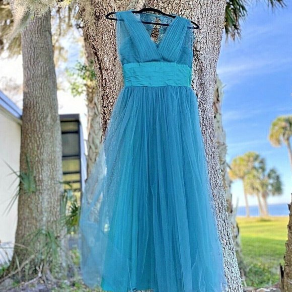 Vintage Dresses & Skirts - Vtg 50s Fred Perlberg Tulle Party Dress Satin Teal Prom Maxi Formal As Is